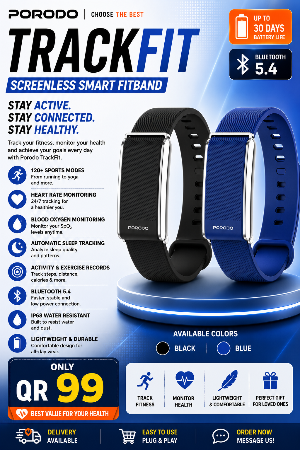 📱⌚ PORODO TRACKFIT SCREENLESS SMART FITBAND (Sylcon strap)