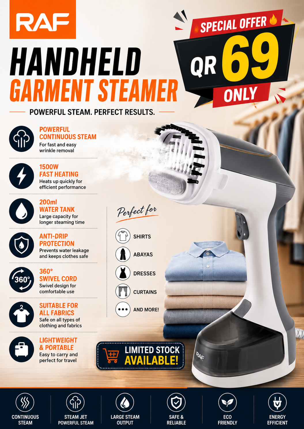 RAF Hand Hanging Garment Steamer – 1500W