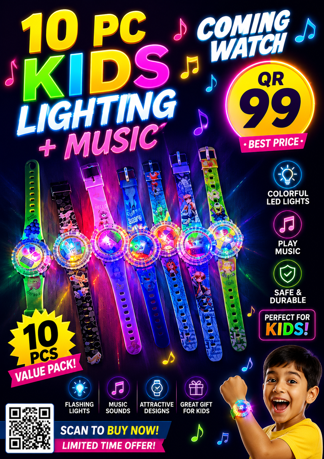 10 PCS Kids Lighting + Music Watches