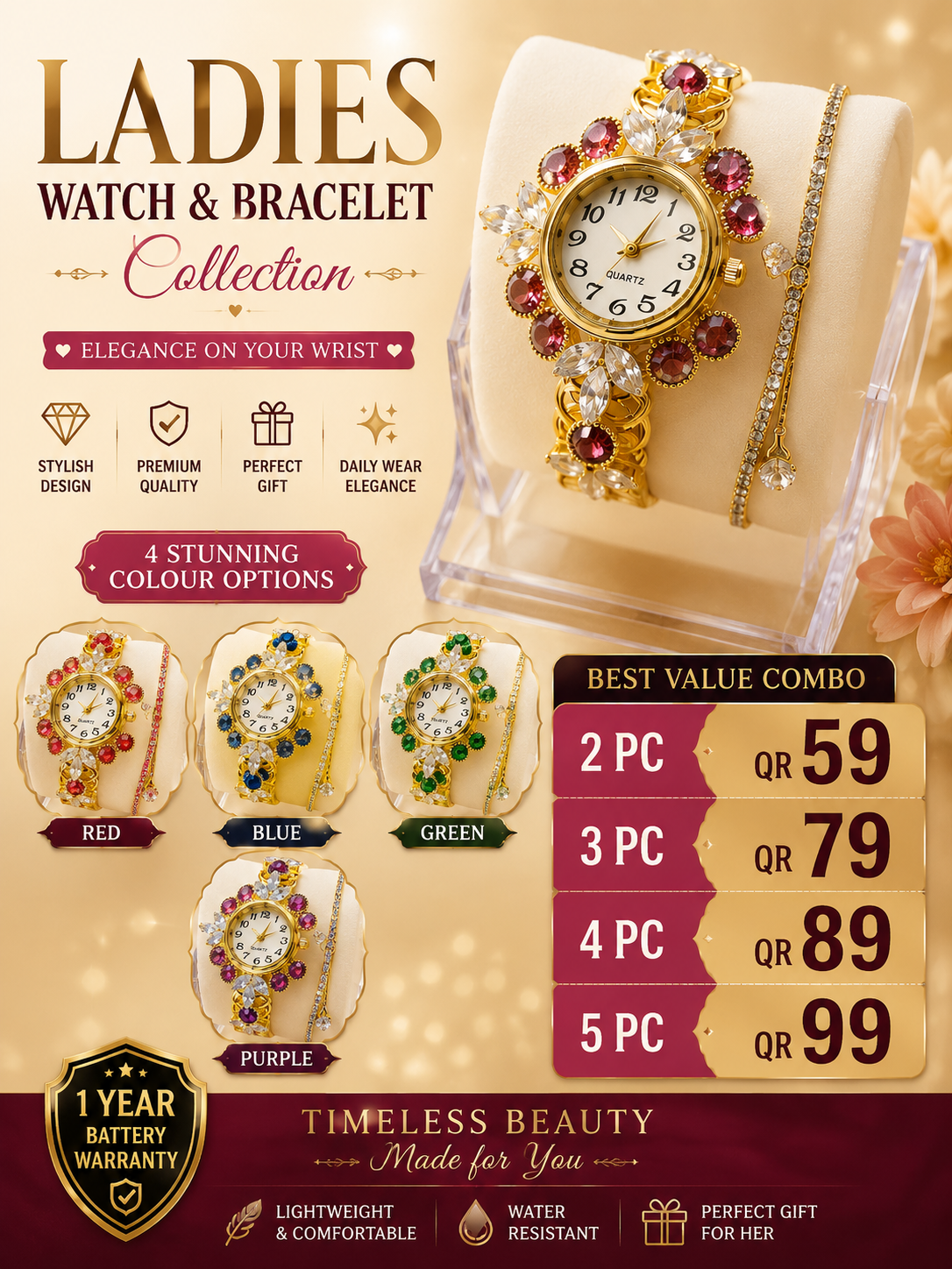 Ladies Crystal Watch & Bracelet Set
(5 pc)