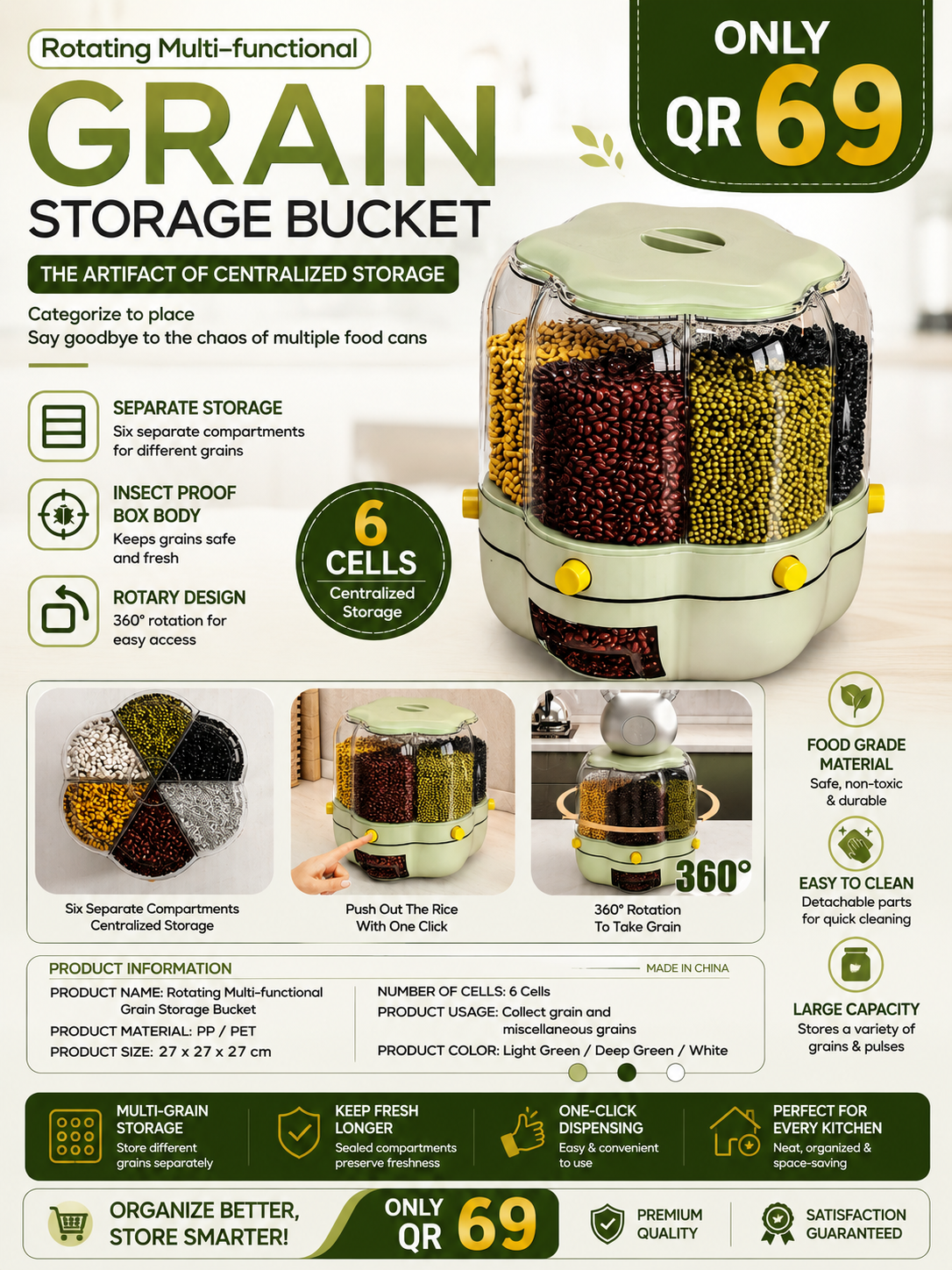 🌾 Rotating Multi-Functional Grain Storage Bucket (6 Compartments)
